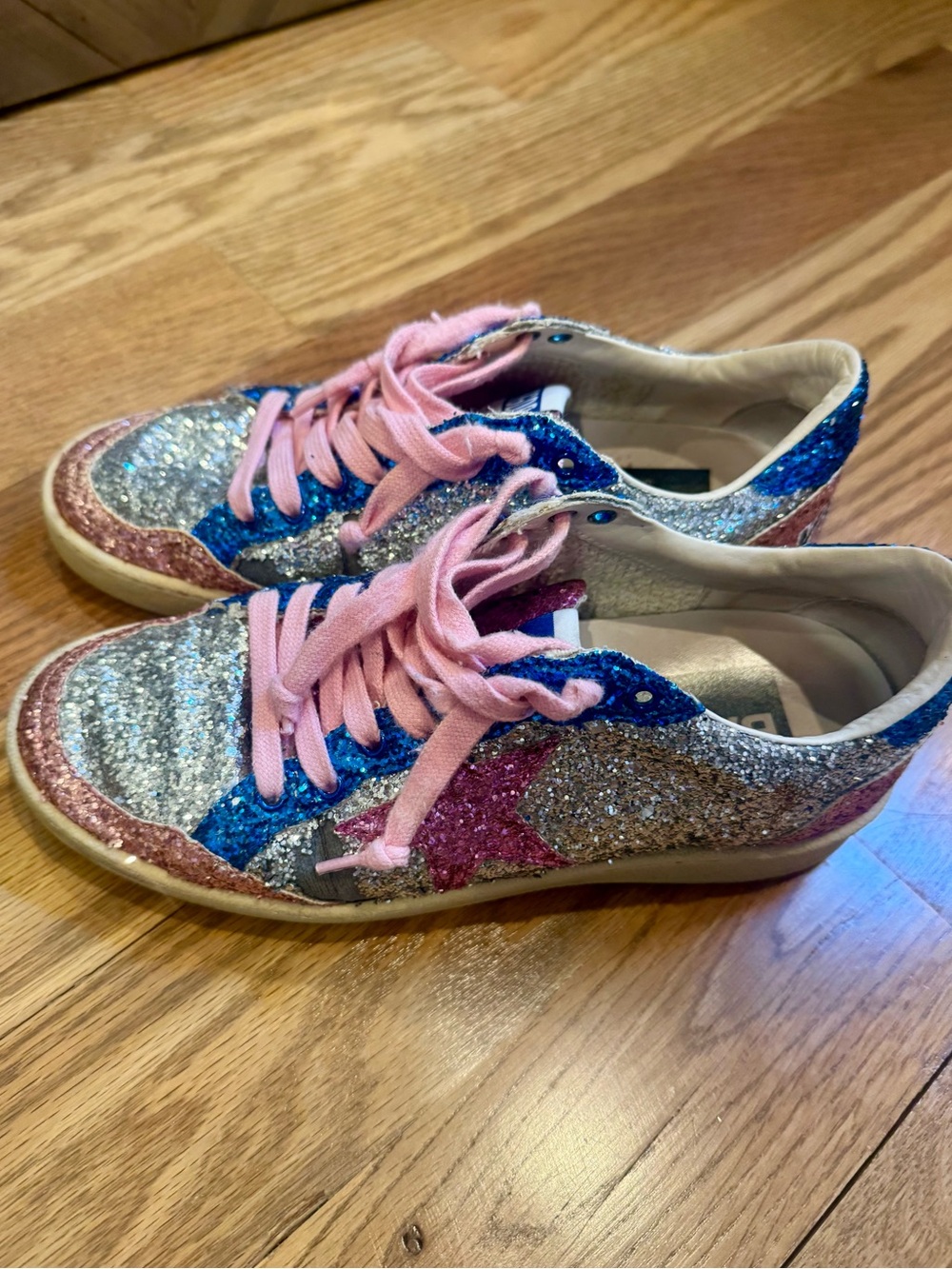 Golden Goose Ball Star silver and pink glitter sneakers with pine shoelaces